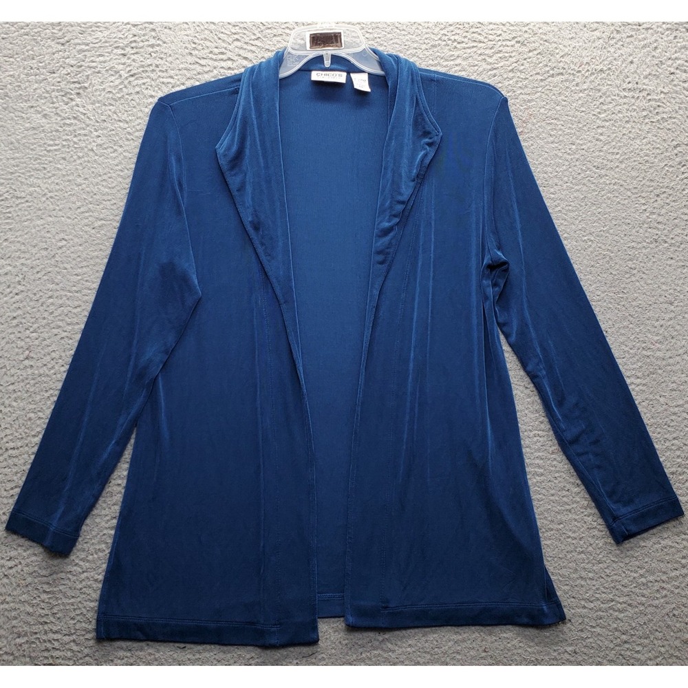 Chicos Travelers Cardigan Womens Medium Blue Long Sleeve Shawl Collar Open Front